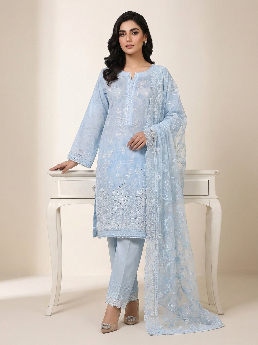 Zaraiz Luxury Light blue lawn with embroidery 3pcs