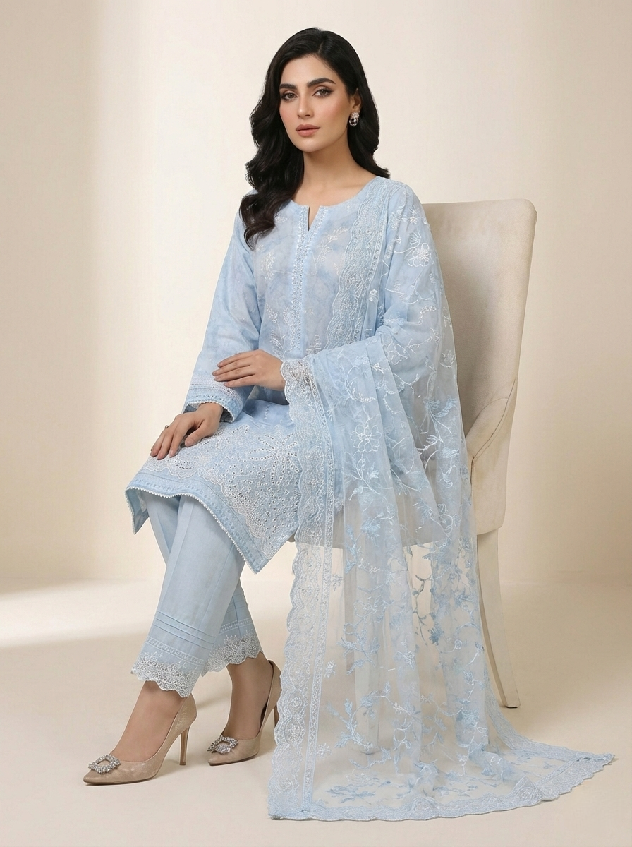 Zaraiz Luxury Light blue lawn with embroidery 3pcs