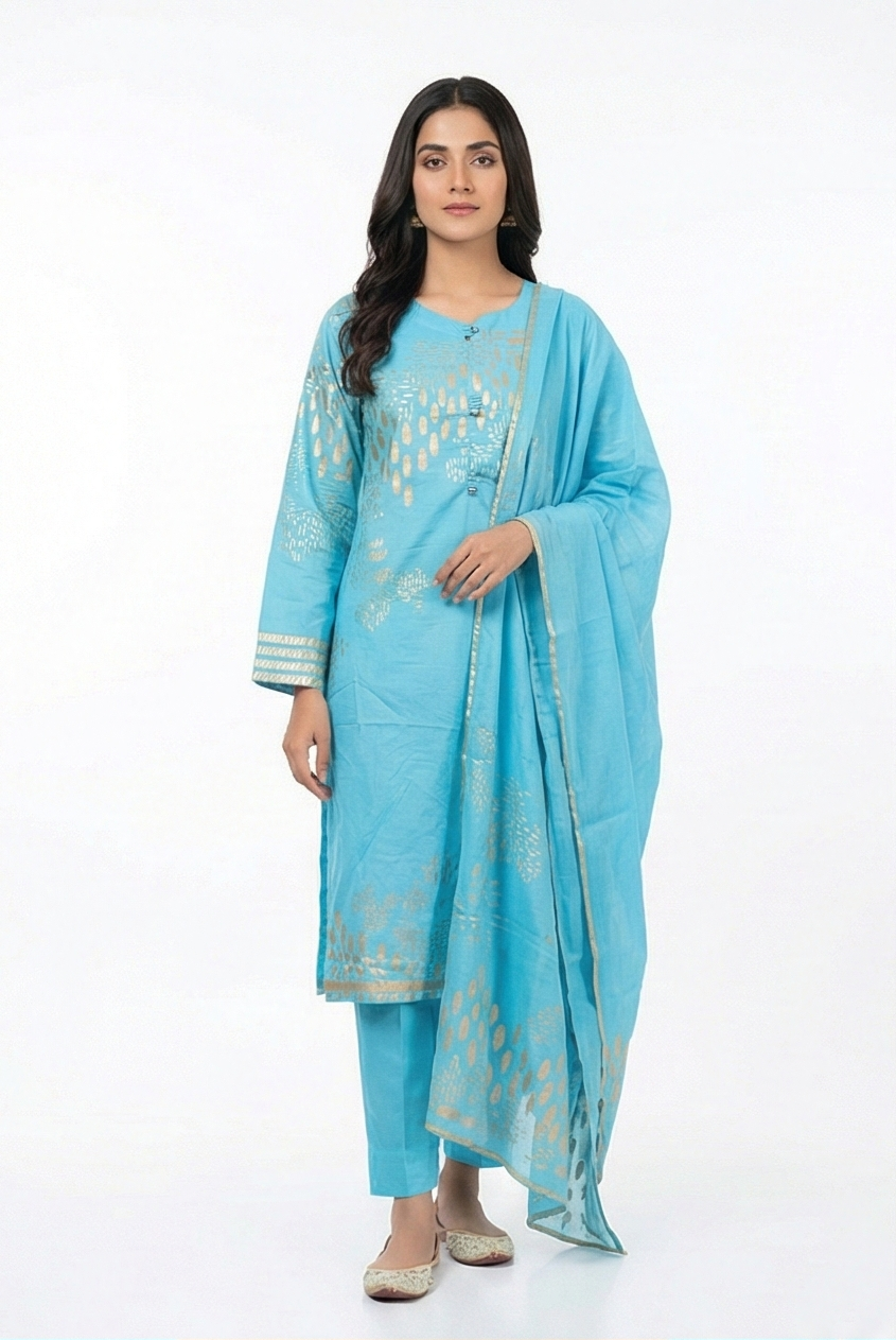 AlKaram Mak blue Jet print cotton Kurti 2pcs