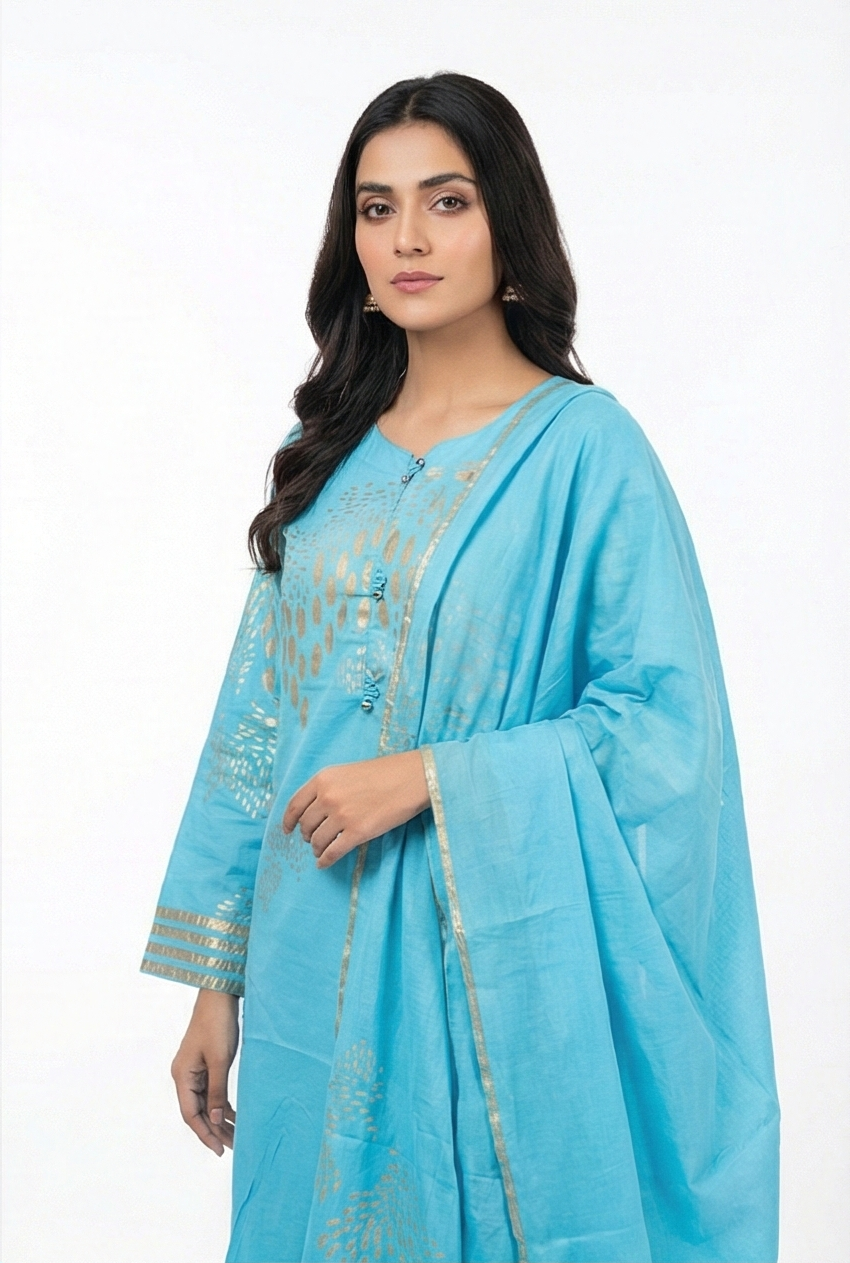 AlKaram Mak blue Jet print cotton Kurti 2pcs