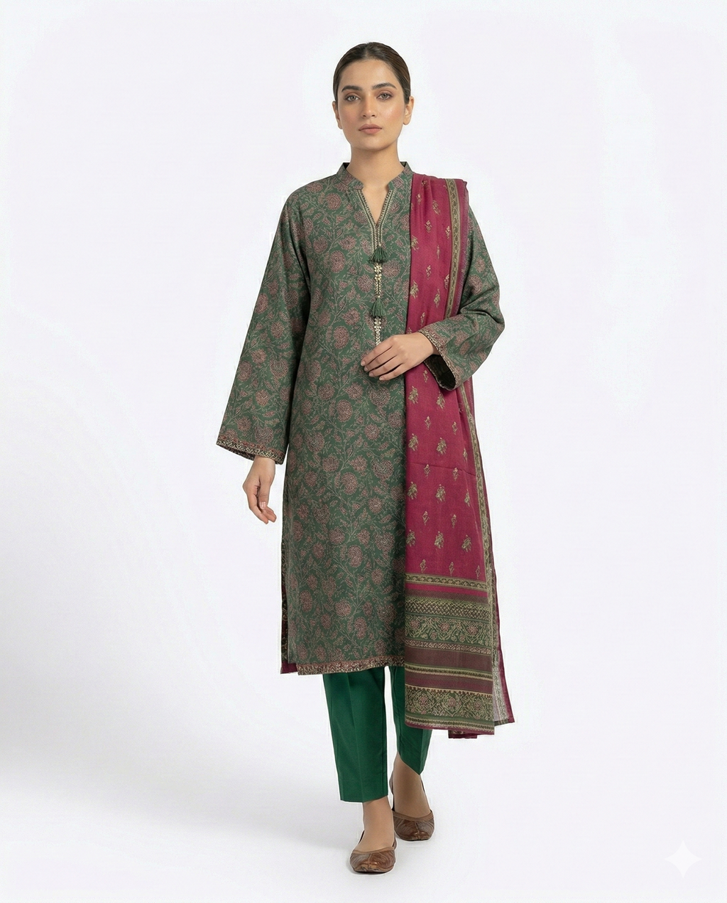 Zaraiz Dark green and purple lawn print 3pcs