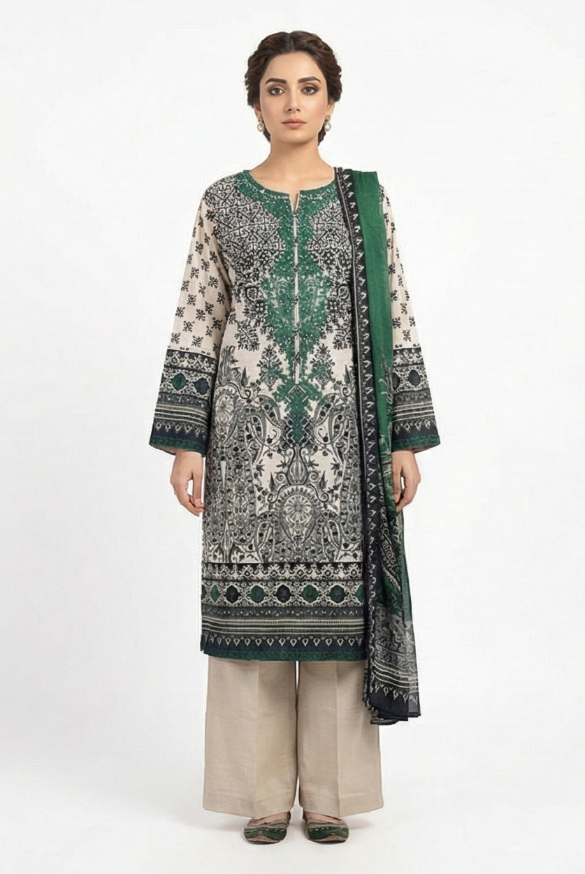 Khaadi Embroidered Lawn - Black and green - georgette chiffon dupatta 3pcs