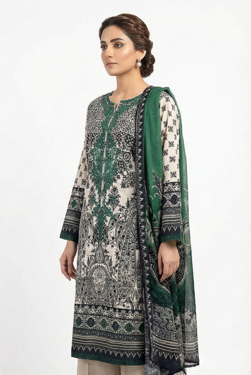 Khaadi Embroidered Lawn - Black and green - georgette chiffon dupatta 3pcs