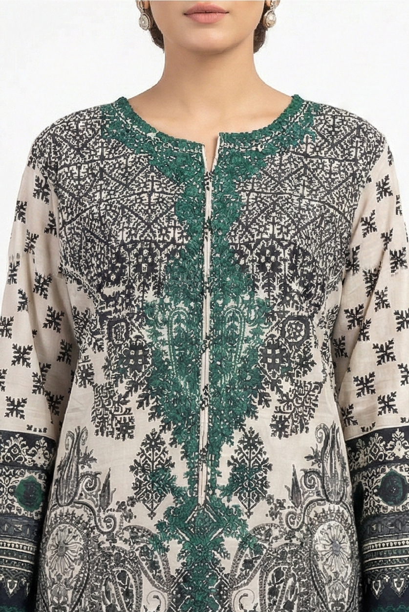 Khaadi Embroidered Lawn - Black and green - georgette chiffon dupatta 3pcs