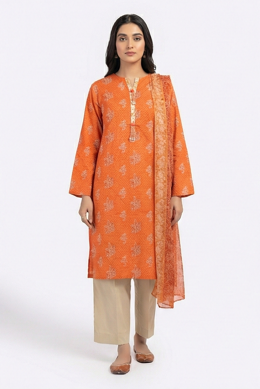 Khaadi Orange lawn with chiffon georgette dupatta 3pcs