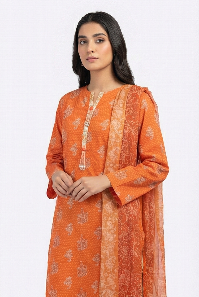 Khaadi Orange lawn with chiffon georgette dupatta 3pcs
