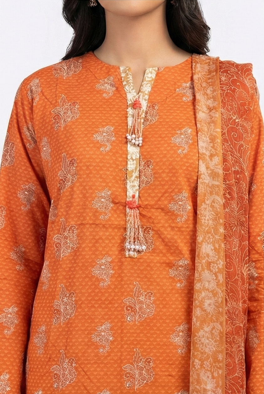 Khaadi Orange lawn with chiffon georgette dupatta 3pcs