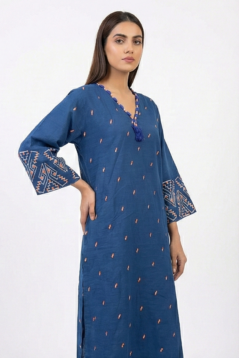 AlKaram Blue khaddar embroidered Kurti