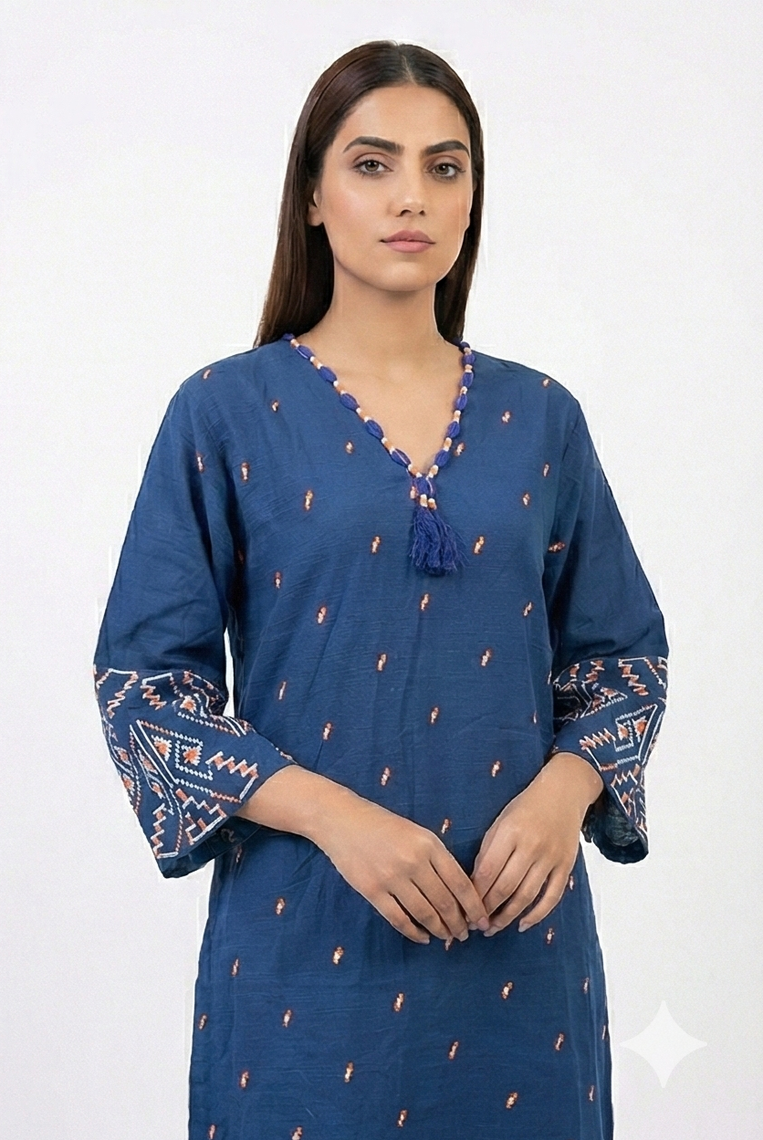 AlKaram Blue khaddar embroidered Kurti