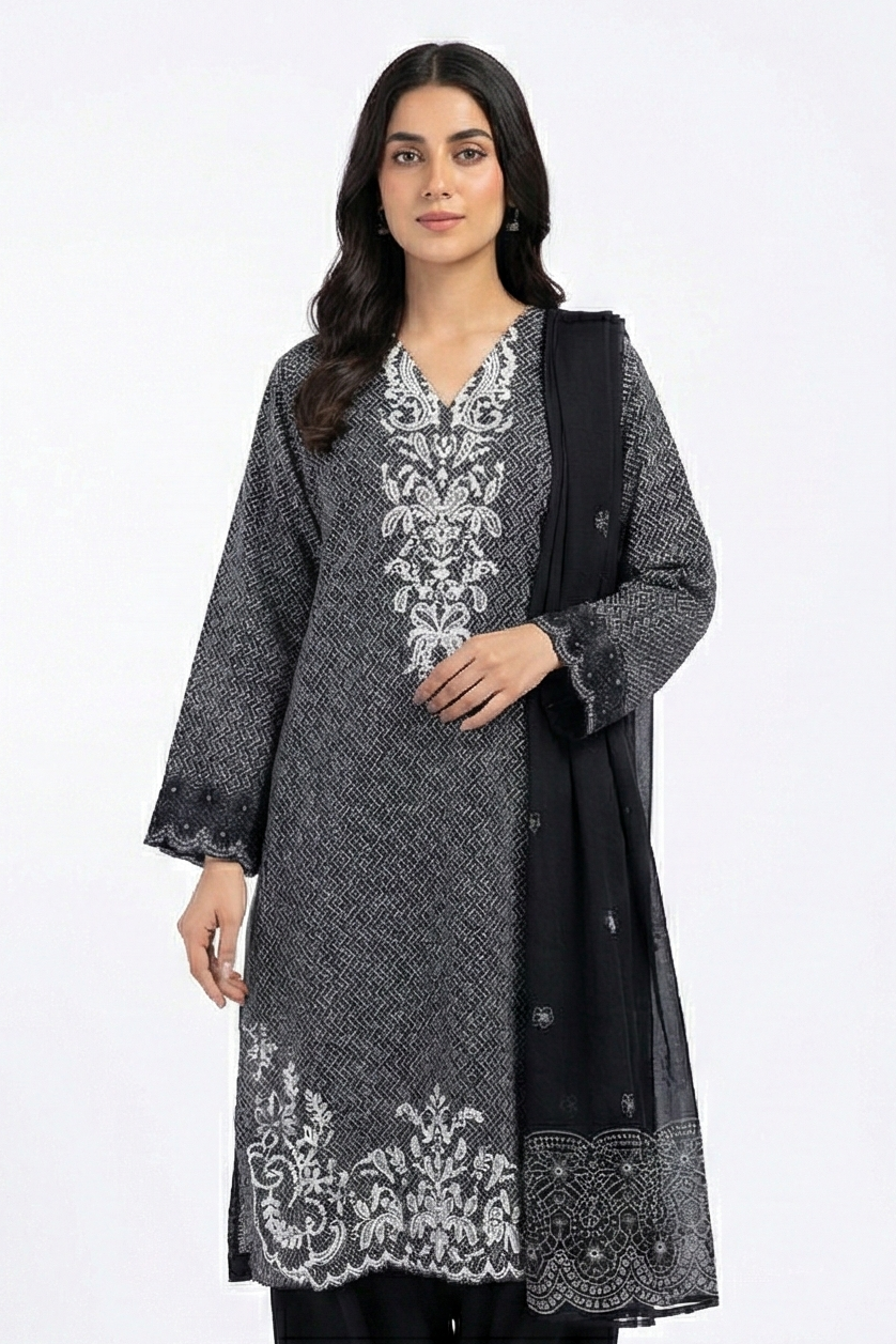 Khaadi Lawn embroidered luxury black and white 3pcs