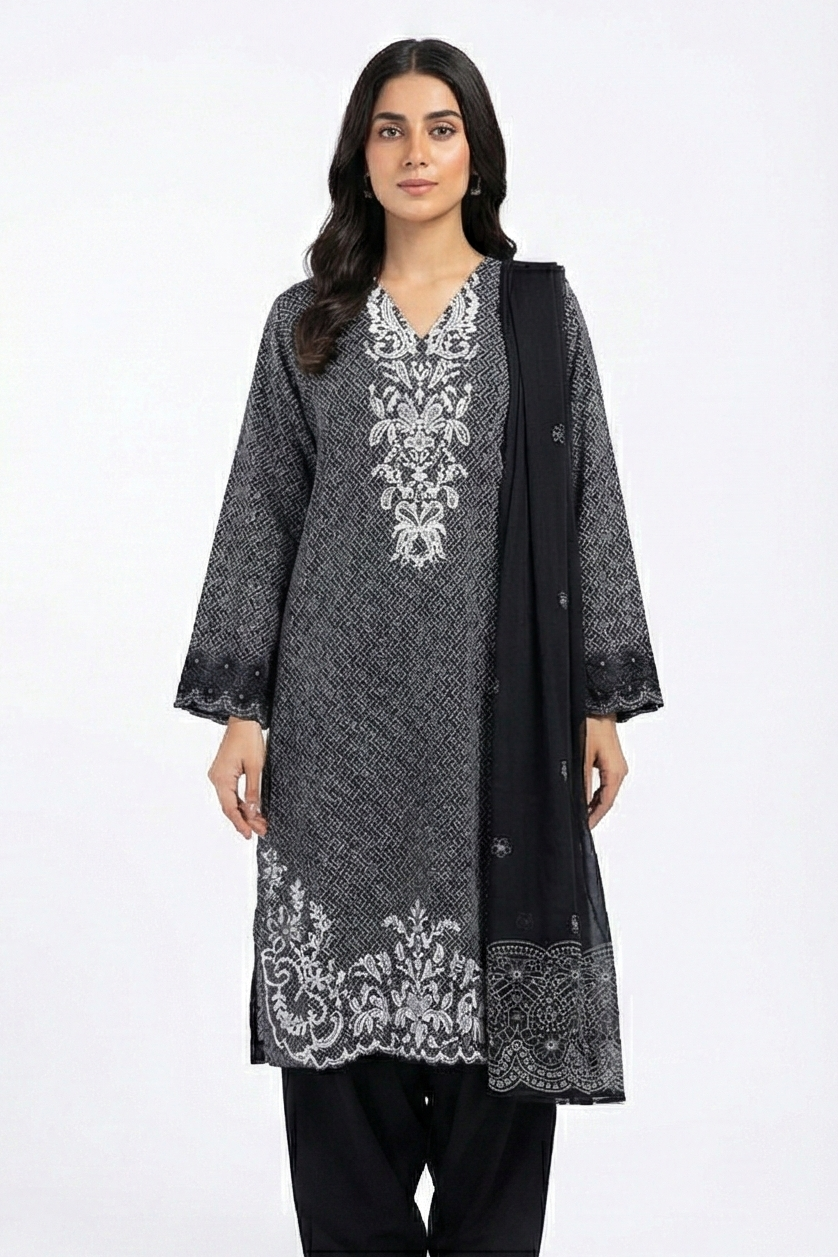 Khaadi Lawn embroidered luxury black and white 3pcs