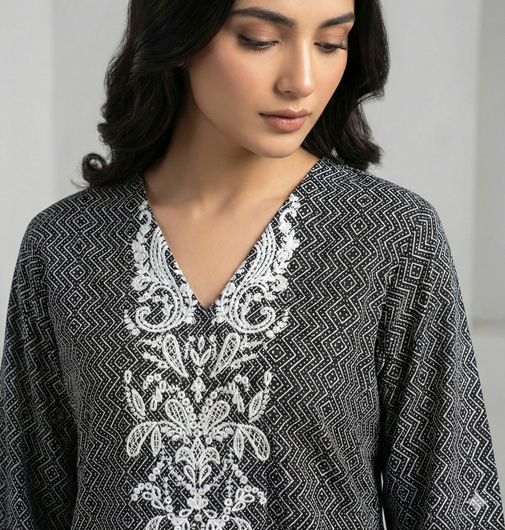 Khaadi Lawn embroidered luxury black and white 3pcs