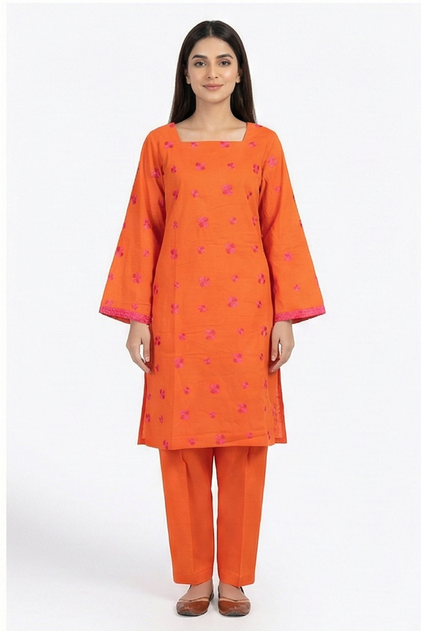 Generation Orange lawn with floral embroidery 2pcs