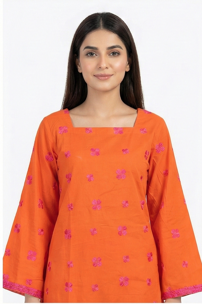 Generation Orange lawn with floral embroidery 2pcs