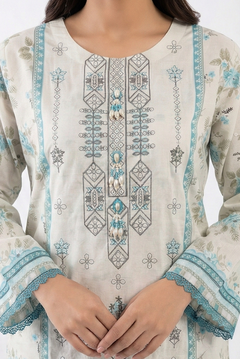 Zaraiz Premium embroidered white and light blue 3pcs