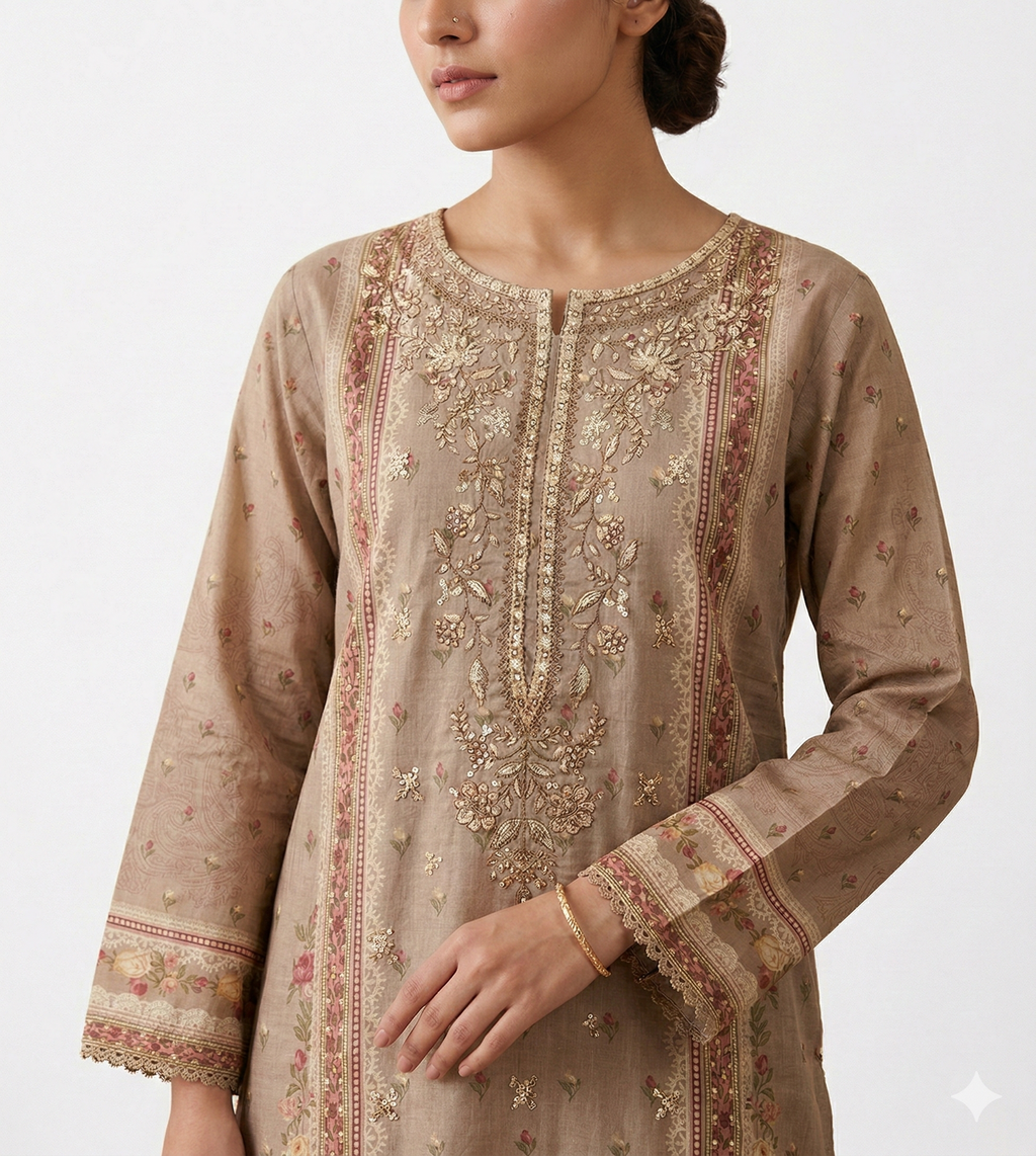 Zaraiz Luxury Lawn Embroidery beige and maroon 3pcs
