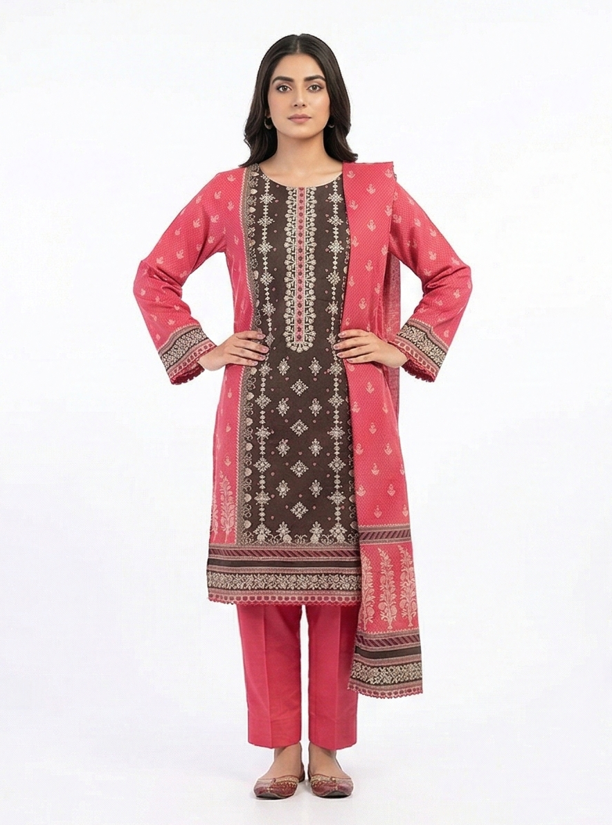 Zaraiz Khaddar Brown and pink with white Embroidery 3pcs