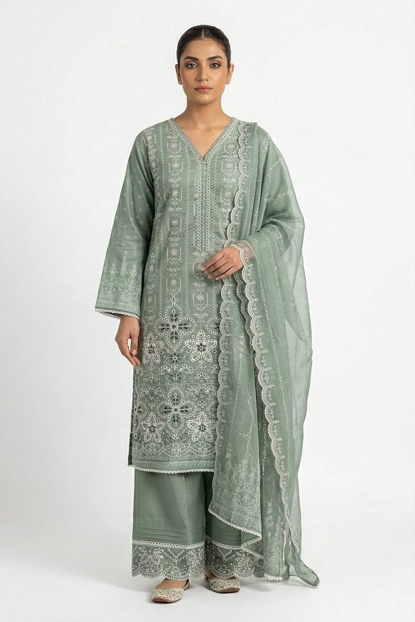 Zaraiz Luxury Embroidery Lawn - Green 3pcs