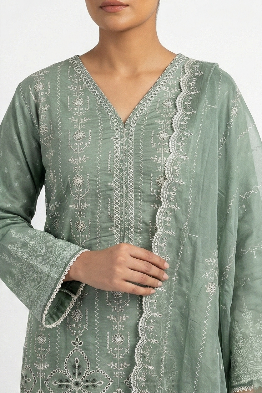 Zaraiz Luxury Embroidery Lawn - Green 3pcs