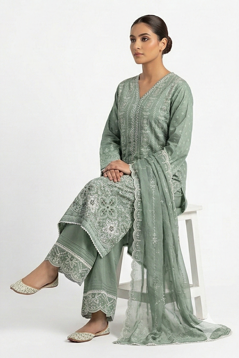 Zaraiz Luxury Embroidery Lawn - Green 3pcs
