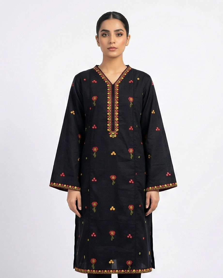 Zellbury black and yellow floral Embroidery Kurti