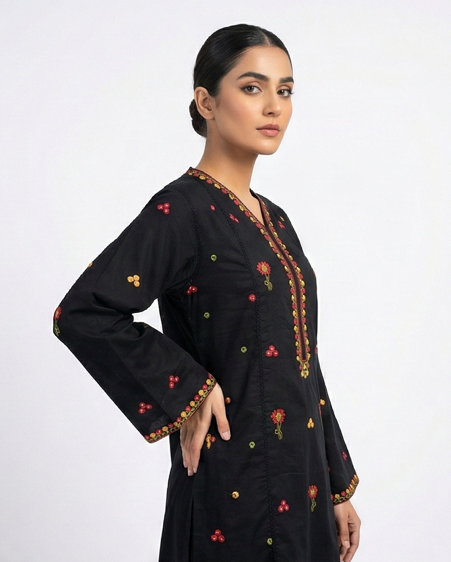 Zellbury black and yellow floral Embroidery Kurti