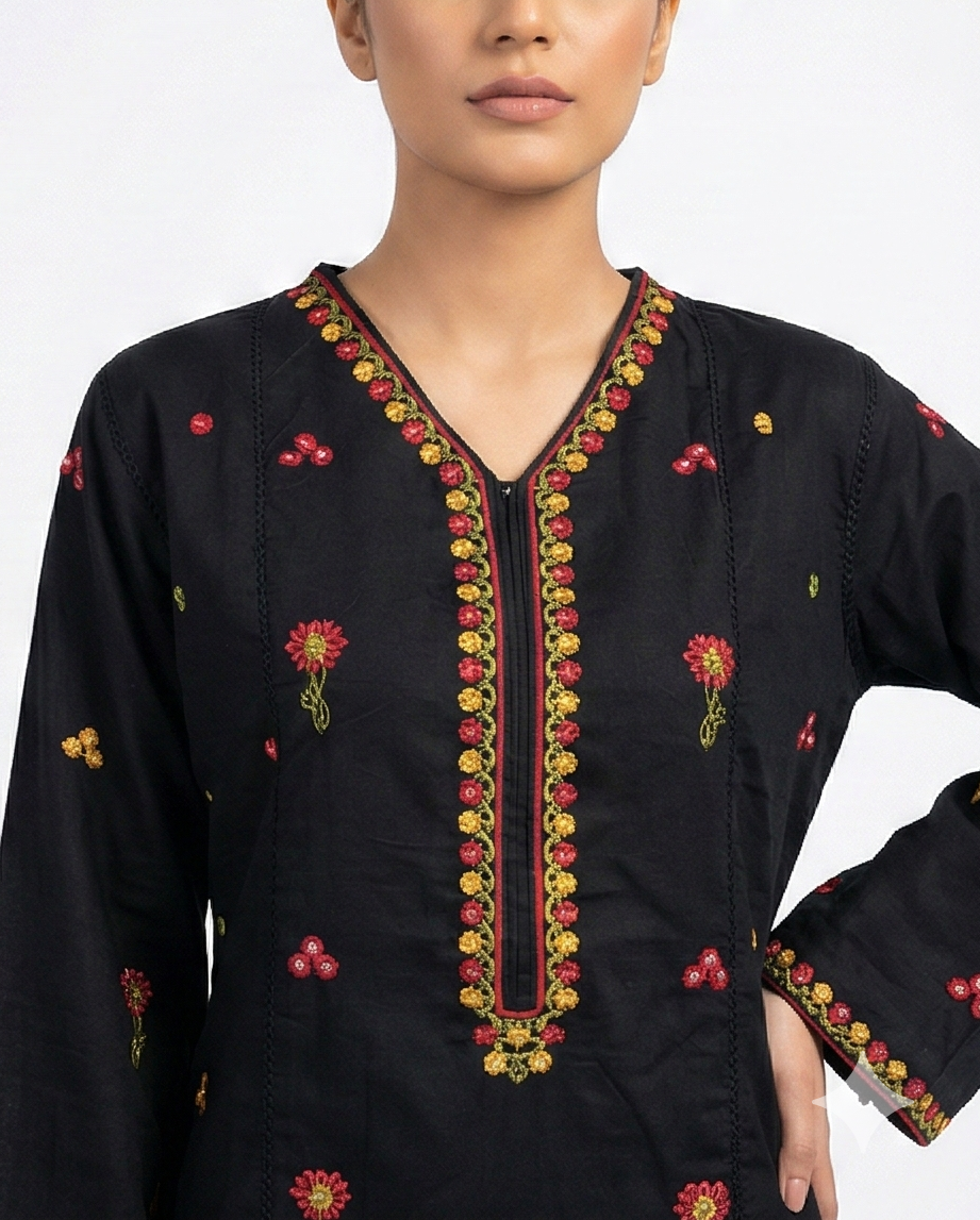 Zellbury black and yellow floral Embroidery Kurti