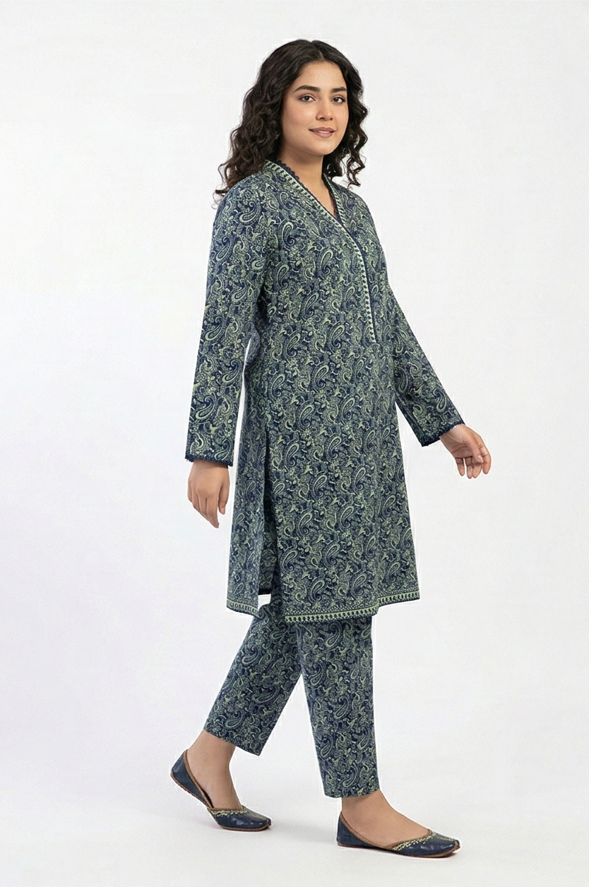 Zaraiz Printed Lawn - Dark blue and green V neck - short frock style 2pcs