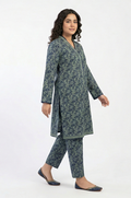 Zaraiz Printed Lawn - Dark blue and green V neck - short frock style 2pcs