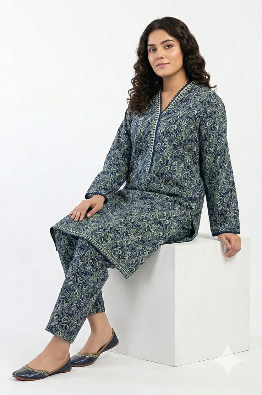 Zaraiz Printed Lawn - Dark blue and green V neck - short frock style 2pcs