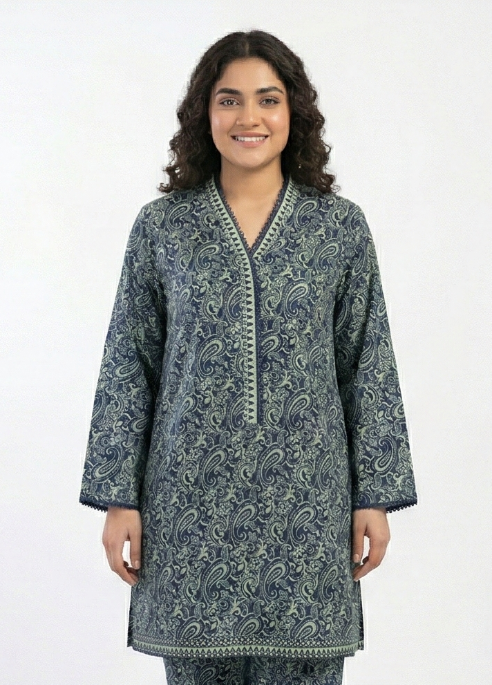 Zaraiz Printed Lawn - Dark blue and green V neck - short frock style 2pcs