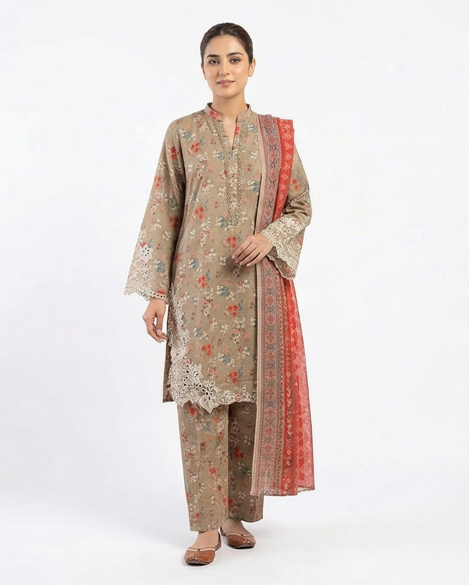 Zaraiz Light brown Floral Light Khaddar 3pcs