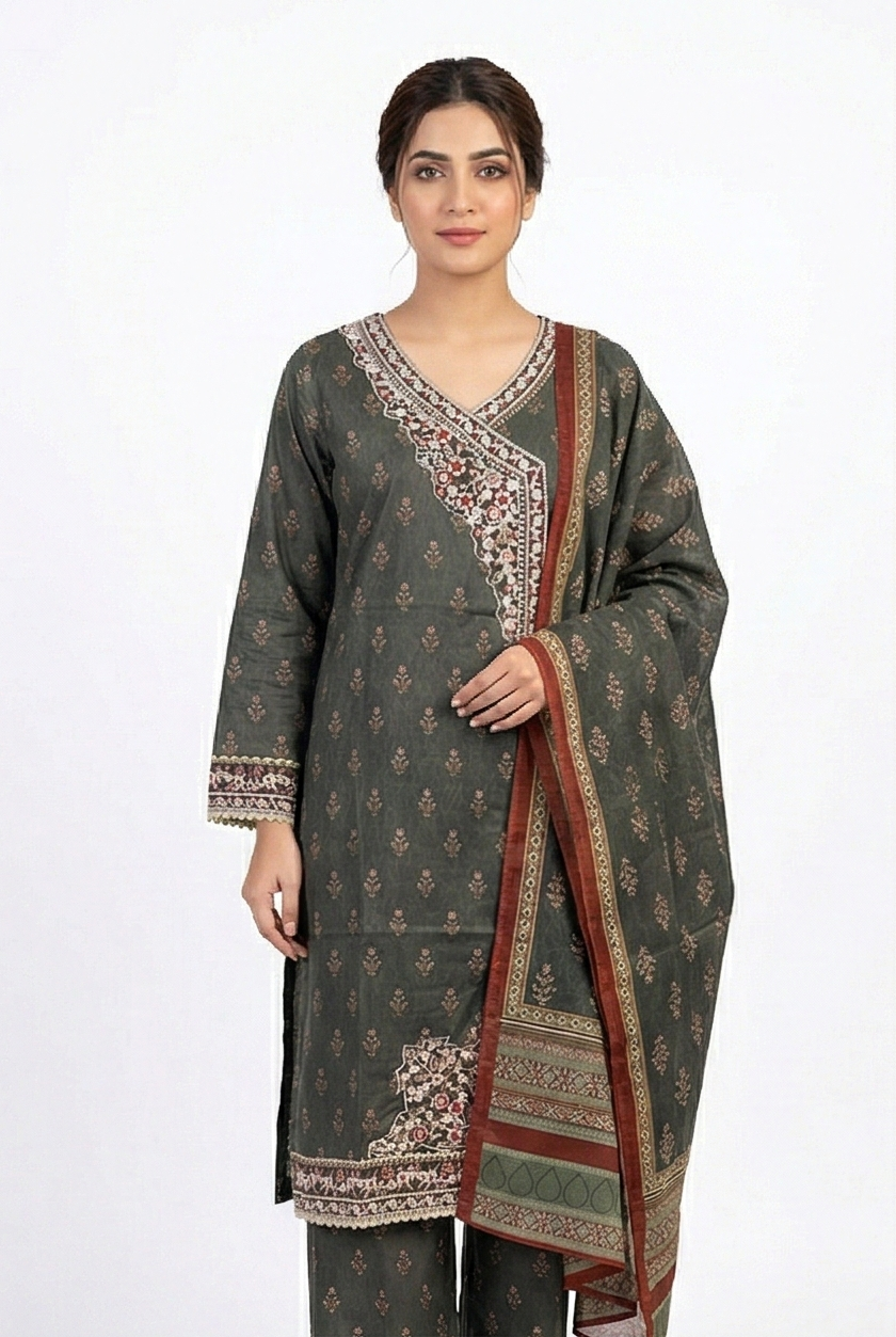 Zaraiz Luxury Dark grey Floral Embroidery neck 3pcs