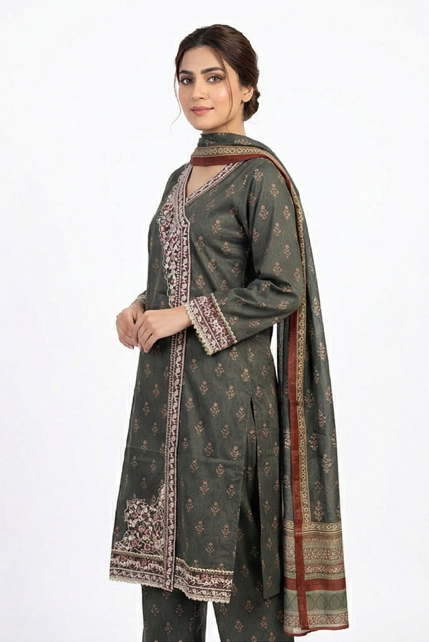Zaraiz Luxury Dark grey Floral Embroidery neck 3pcs