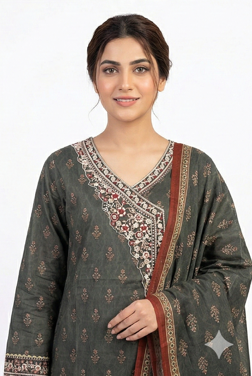 Zaraiz Luxury Dark grey Floral Embroidery neck 3pcs