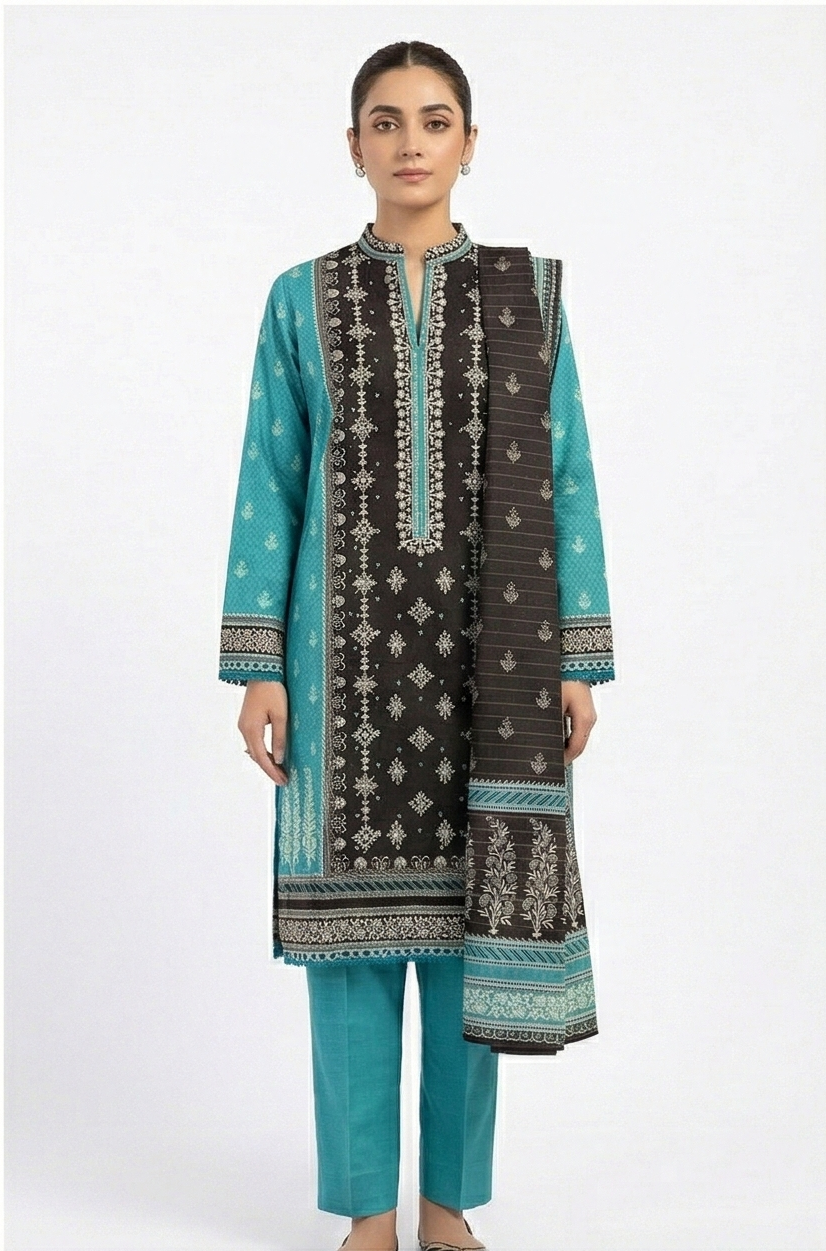Zaraiz Dark brown and turquoise Embroidered - Khaddar 3pcs
