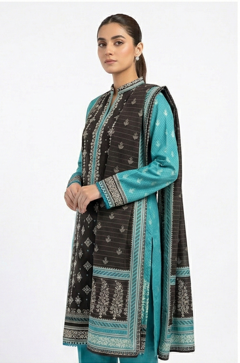 Zaraiz Dark brown and turquoise Embroidered - Khaddar 3pcs