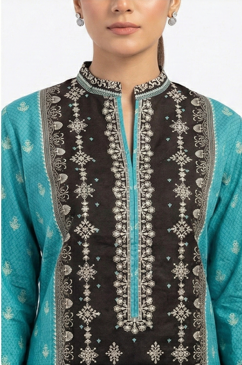 Zaraiz Dark brown and turquoise Embroidered - Khaddar 3pcs