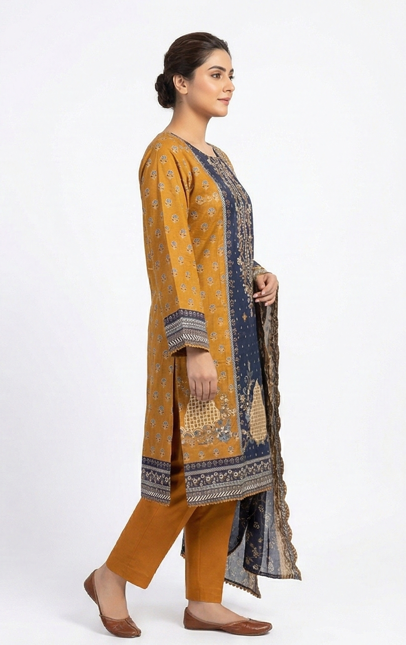 Zaraiz Luxury Blue and mustard lawn Embroidery 3pcs