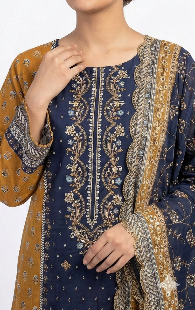 Zaraiz Luxury Blue and mustard lawn Embroidery 3pcs
