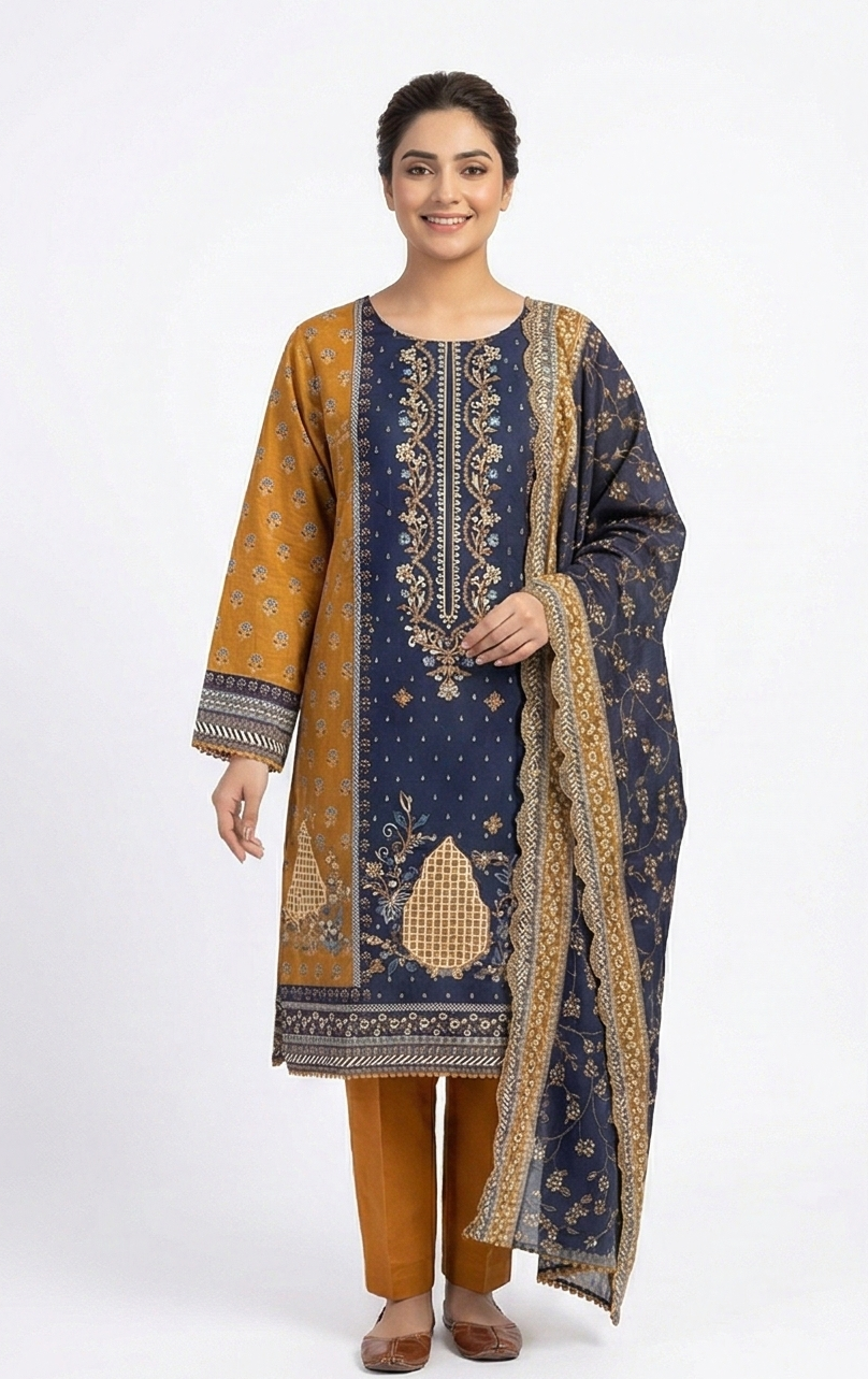 Zaraiz Luxury Blue and mustard lawn Embroidery 3pcs