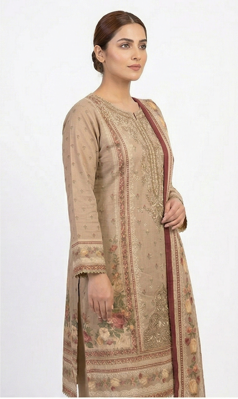 Zaraiz Luxury Lawn Embroidery beige and maroon 3pcs