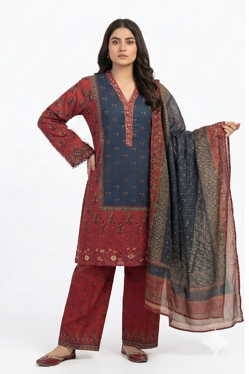 Zaraiz Luxury Blue and maroon Embroidery 3pcs