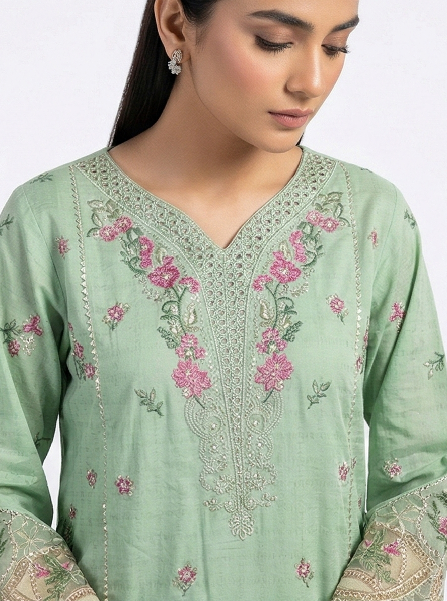 Zaraiz Luxury embroidered green and pink floral 3pcs