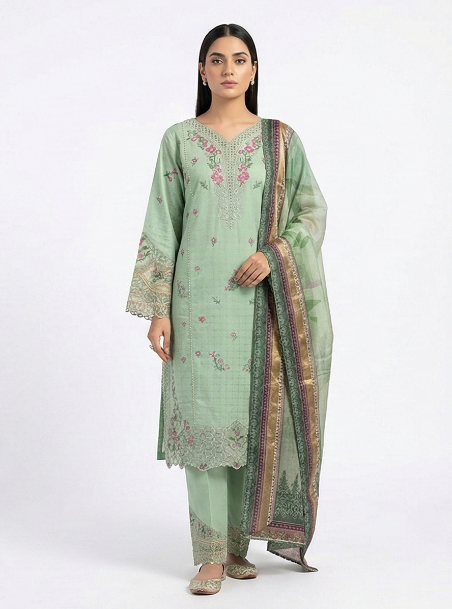 Zaraiz Luxury embroidered green and pink floral 3pcs