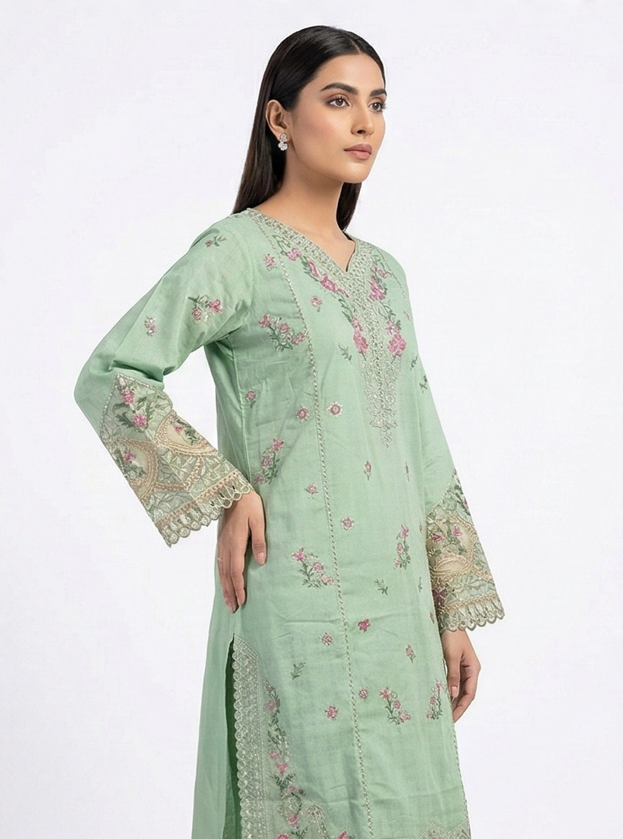 Zaraiz Luxury embroidered green and pink floral 3pcs