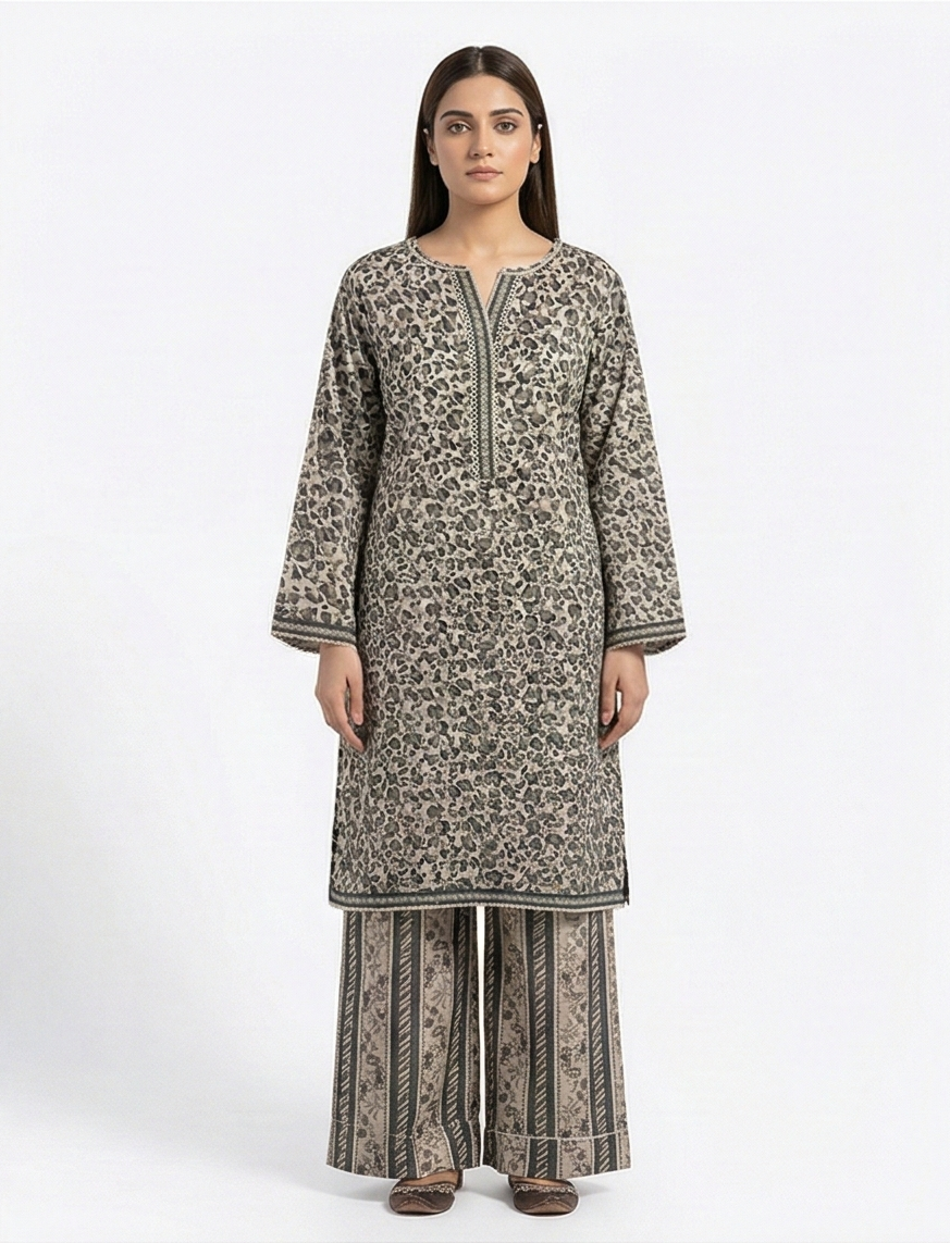 Zaraiz cheetah grey print lawn with trouser 2pcs