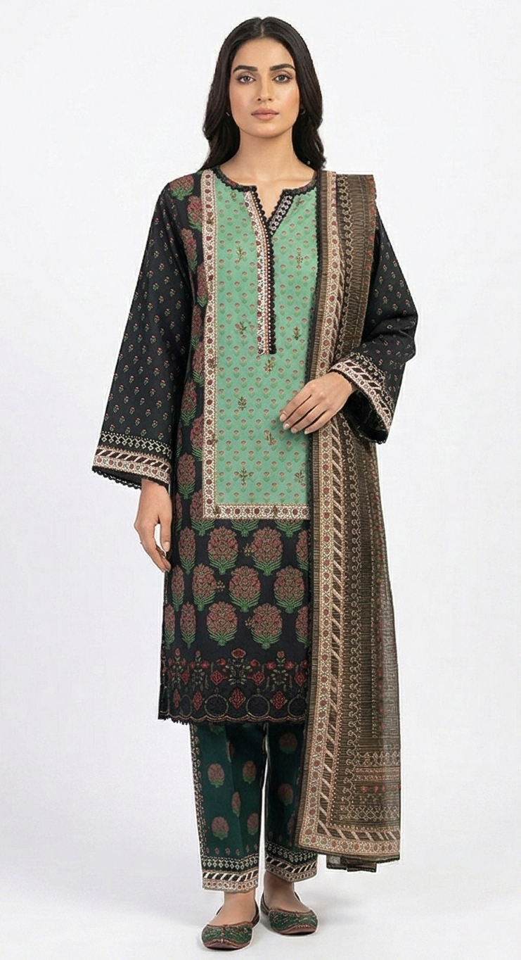 Zaraiz Green and black floral Embroidery 3pcs