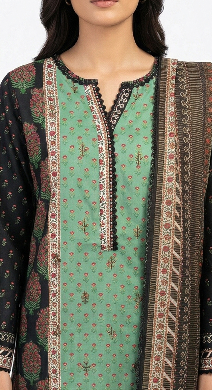 Zaraiz Green and black floral Embroidery 3pcs