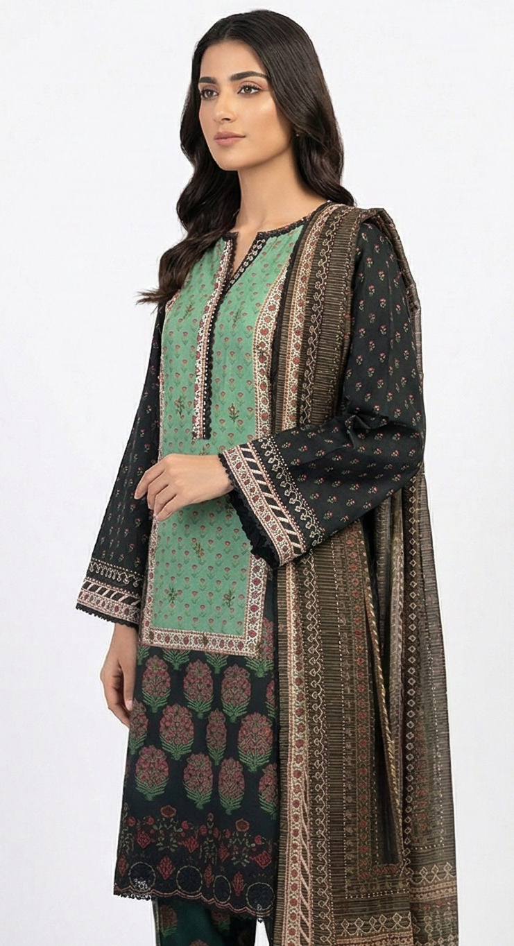 Zaraiz Green and black floral Embroidery 3pcs